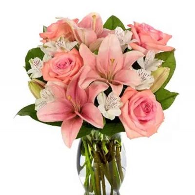 She is sure to love this Pretty in Pink bouquet. The radiant design showcases pink roses, pink Asiatic lilies and white alstroemeria all elegantly designed in a clear glass vase. An incredibly thoughtful choice to send for Easter, Mother's Day or just because!