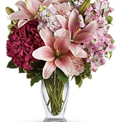 <div class="m-pdp-tabs-description">
<div id="mark-1" class="m-pdp-tabs-marketing-description">Celebrate your love with this beautifully blushing bouquet! Luxurious lilies, delicate hydrangea and fragrant stock delight her senses, soothe her soul, and tickle their fancy. It's a loving gift they won't soon forget!</div>
</div>
<p id="arrngDescp">Includes pink hydrangea, asiatic lilies, alstroemeria, carnations and stock, accented with fresh greens.</p>