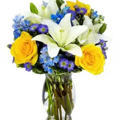 The Wide Blue Yonder Bouquet immediately resonates of a bright blue sky on sunny day. Gorgeous white Asiatic lilies are paired with yellow roses, blue delphinium and purple Monte Casino blooms all creatively arranged in a fluted vase with a blue satin ribbon.