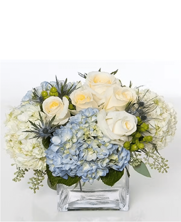 A beautiful arrangement of cream and blue flowers