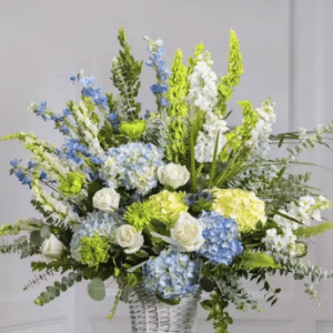 blue and white sympathy basket