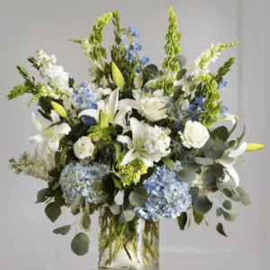 blue and white garden sympathy vase